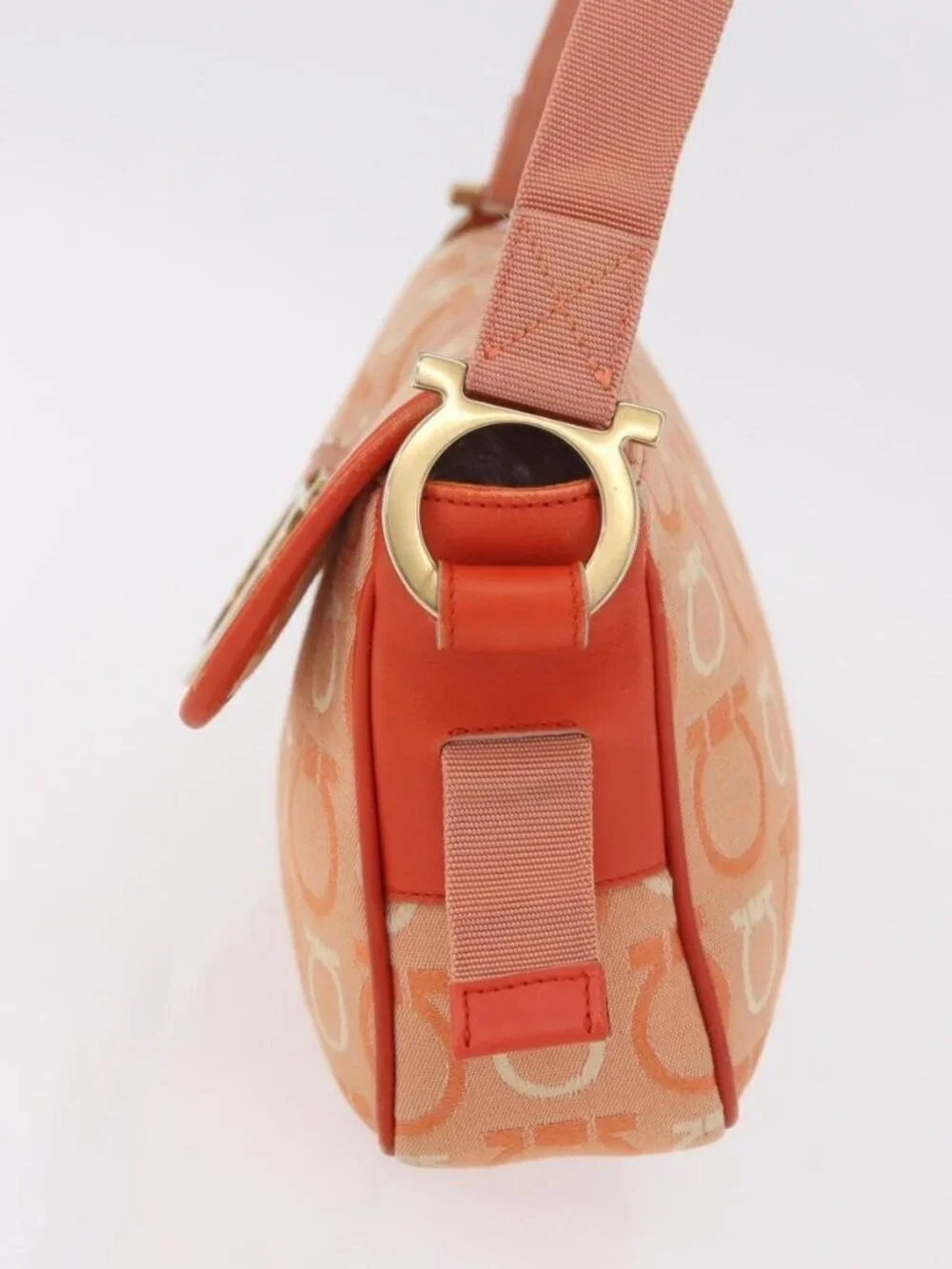 Salvatore Ferragamo Gancini Shoulder Bag Canvas Orange Gold Auth ka4878A